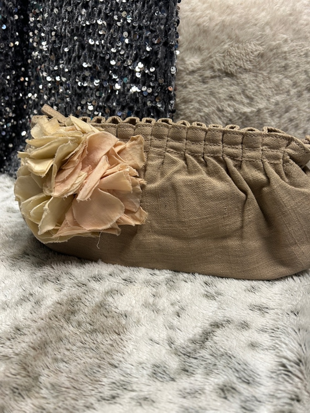 Raw Fabric Ruched Neutral Clutch Floral Detail Zipper Closure